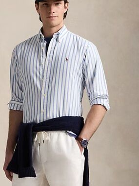 RALPH LAUREN White & Blue Pinstripe Pony Classic Fit Oxford Cotton Shirt 16
